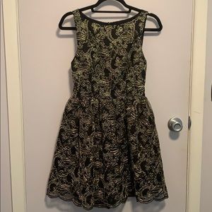 Alice + Olivia black and gold lace cocktail dress